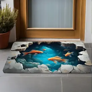 3D Underfloor Aquarium Illusion Flannel Door Mat – Vibrant Goldfish & Blue Water Design, Eye-Catching Cracked Floor Visual Trick, Non-Slip Indoor/Outdoor Welcome Mat for Playful Decor, Animal Printed Rug