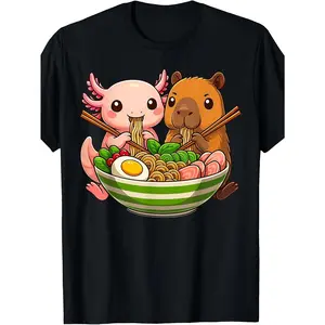 Axolotl And Capybara Eating Ramen Noodles T-Shirt| Vintage Style, Crew Neck, Slight Stretch Fabric, Regular Fit, Perfect For Adults, All-Season Wear