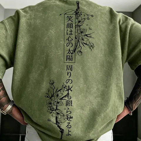 Men's Vintage Washed Casual Printed T-Shirt, Cherry Blossom Samurai Print, Loose Fit Short Sleeve, Streetwear Daily Wear, Multiple Scenes