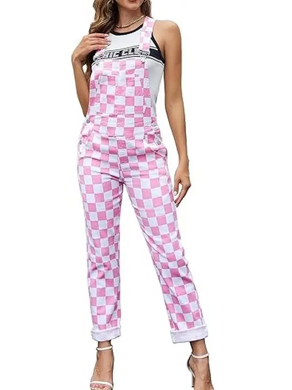 OPDNBON Women's Checkered Stretch Denim Overalls Football Game Day Outfit Halloween Christmas Fall Festival Fashion Jumpsuit Bib Coveralls