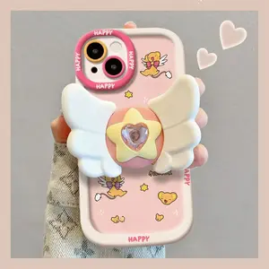 Pink Cartoon Phone Case with Rotatable Wing Stand, Soft Protective Cover for iPhone