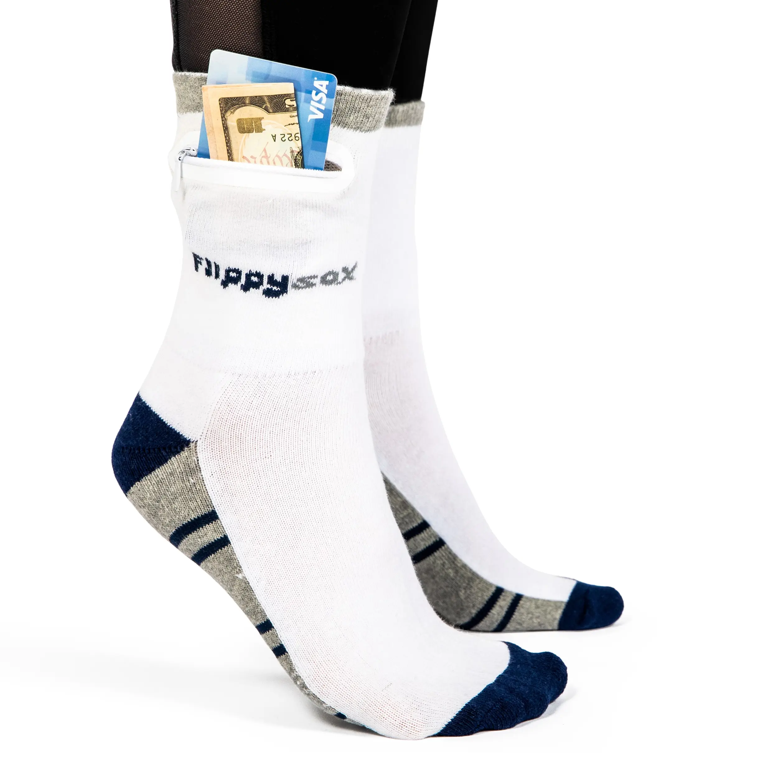 Flippysox Zipper Sock Wallet - Cotton & Polyester Zipper Socks with Pockets - Fits shoe size 6-13 - (Blue Gray)