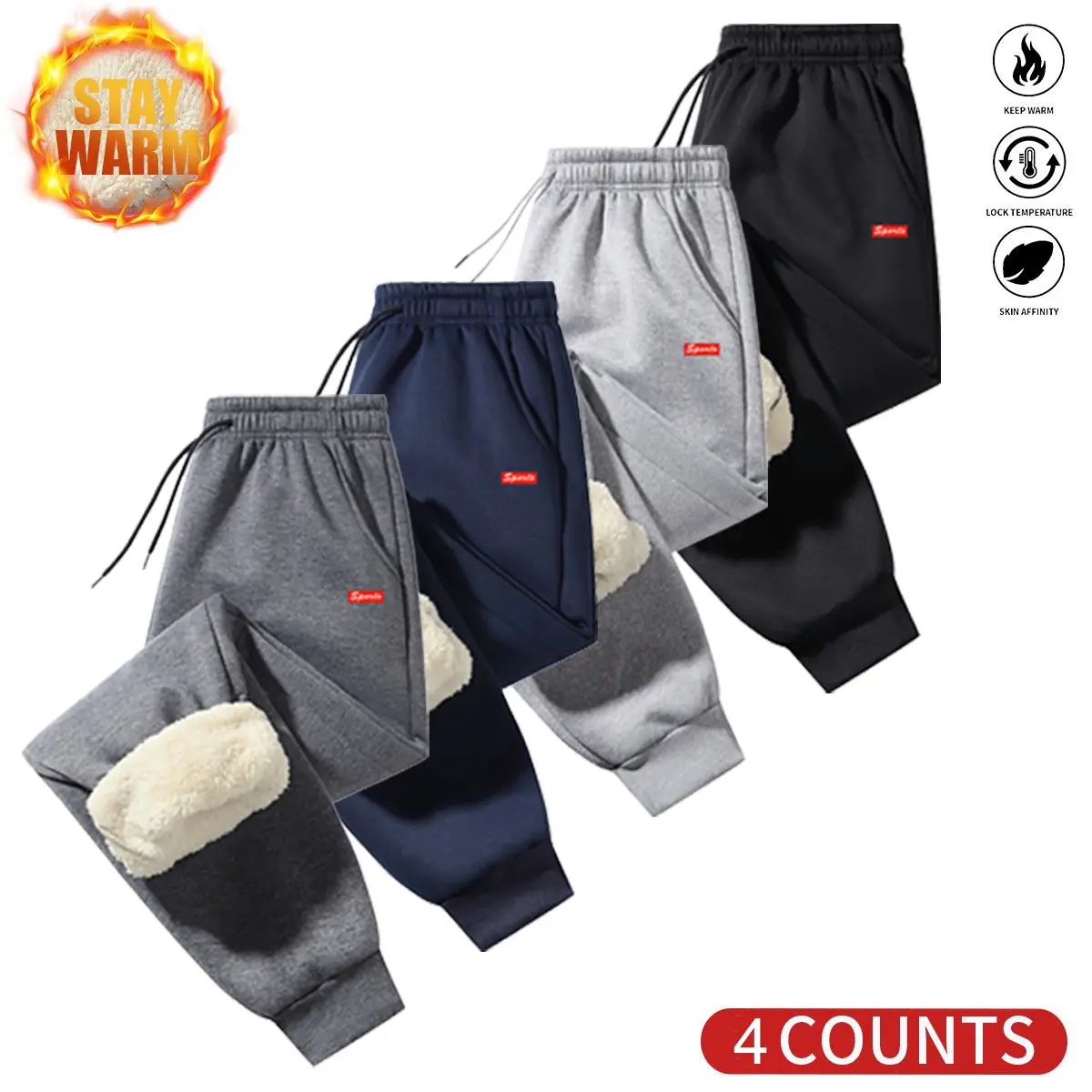 Men’s Winter Athletic Sports Bottoms with Thick Liner, Patterned Design, Zippered Pockets, Ankle Straps, Letters, Secure Fit - Sporty Casual Pants
