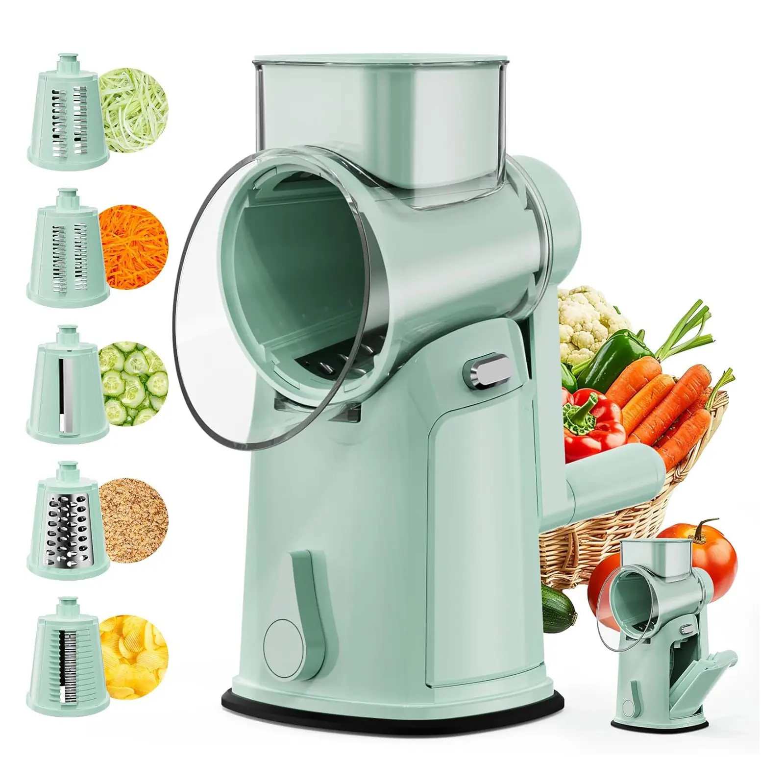A rotary cheese grater with a handle，Multifunctional Vegetable Shredder and Slicer，Equipped with 5 multi-purpose blades, suitable for fruits, vegetables, and nuts; ideal for home and restaurant use（Built-in blade storage slot）