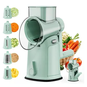 A rotary cheese grater with a handle，Multifunctional Vegetable Shredder and Slicer，Equipped with 5 multi-purpose blades, suitable for fruits, vegetables, and nuts; ideal for home and restaurant use（Built-in blade storage slot）