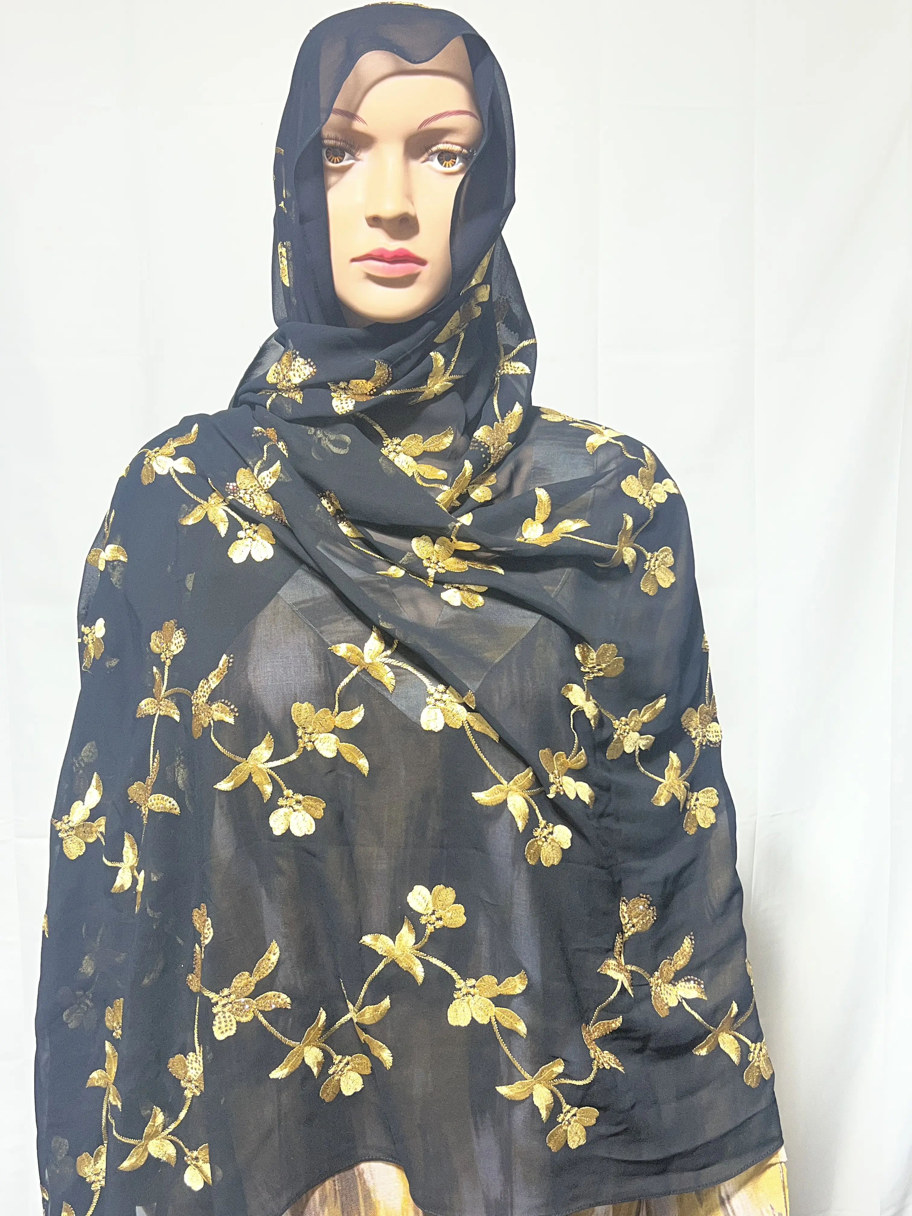 Big Size Khimar with Gold Floral Embroidery on Black Fabric for Women Elegant Hijab with Gold Floral Design