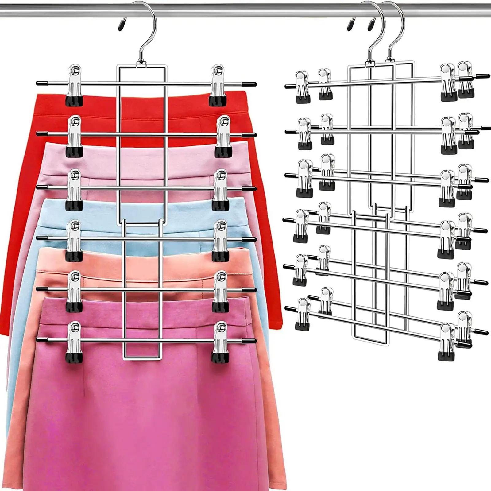 【Back to School】Lumigens Stainless Steel Metal Heavy Duty Compact 6-Tier Pants Hangers with Clips, 360° Swivel Hook, Space-Saving Closet Organizer for College Dorm Essentials, 360-Degree Hangers & Pegs