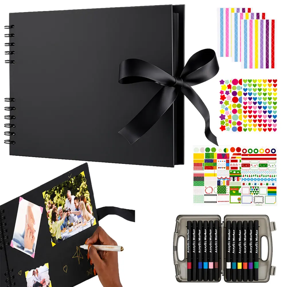 【Back To School】Scrapbook Album - 80 Pages, 11x8 in Black Kraft Paper, DIY Scrapbooking Photo Album with Accessories, Memory Book for Weddings, Birthdays