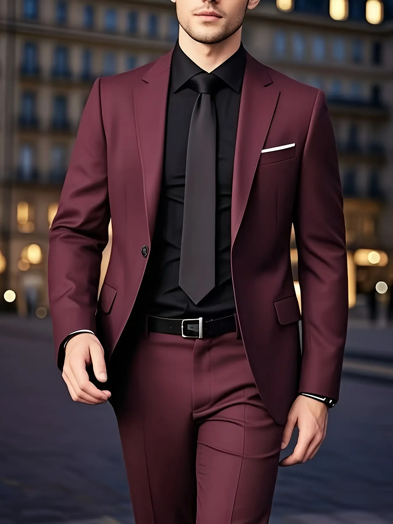 Men's 2pcs Slim-Fit Suit Set - Deep Burgundy (Navy-Like) Maroon Wedding & Business Formal Wear, Exquisite Suits, Tailored Long Sleeve Jacket & Trousers with Collar, All-Season Luxury Suit for Parties, Prom, Corporate Events