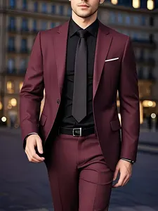 Men's 2pcs Slim-Fit Suit Set - Deep Burgundy (Navy-Like) Maroon Wedding & Business Formal Wear, Tailored Jacket & Trousers with Collar, All-Season Luxury Suit for Parties, Prom, Corporate Events