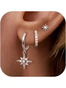 6 Pcs Silver Gold Earrings Set for Women CZ Opal Pearl Hypoallergenic18K Gold Plated Hoop Stud and Drop Earrings Stack Small Studs Huggies and Hoops for Earrings Set Multiple Piercings