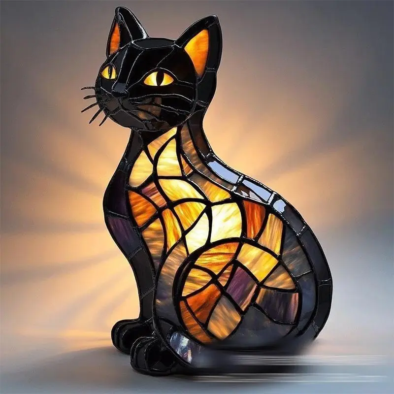 Cute Cat Pet LED Lamp - Retro Dyed Resin Desktop Night Light with Colored Glass, Durable Design, Home Accessory, House Decor, Whimsical Accent, Unique Decor, Gift Idea for Animal Lovers