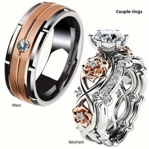 Set of 2 Couple Rings with Rose Wedding Flowers Design for Wedding, Engagement, Anniversary, and Christmas Gifts