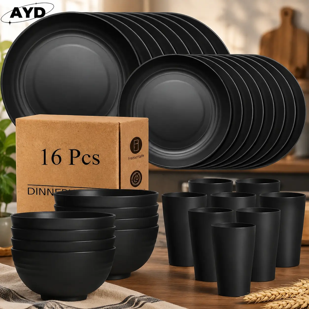 32/16pcs Wheat Straw Dinnerware Set for 8/4 People, Lightweight and Unbreakable Modern Dishware, Dishwasher & Microwave Safe, Ideal for Daily Use, Great Gift for Holidays