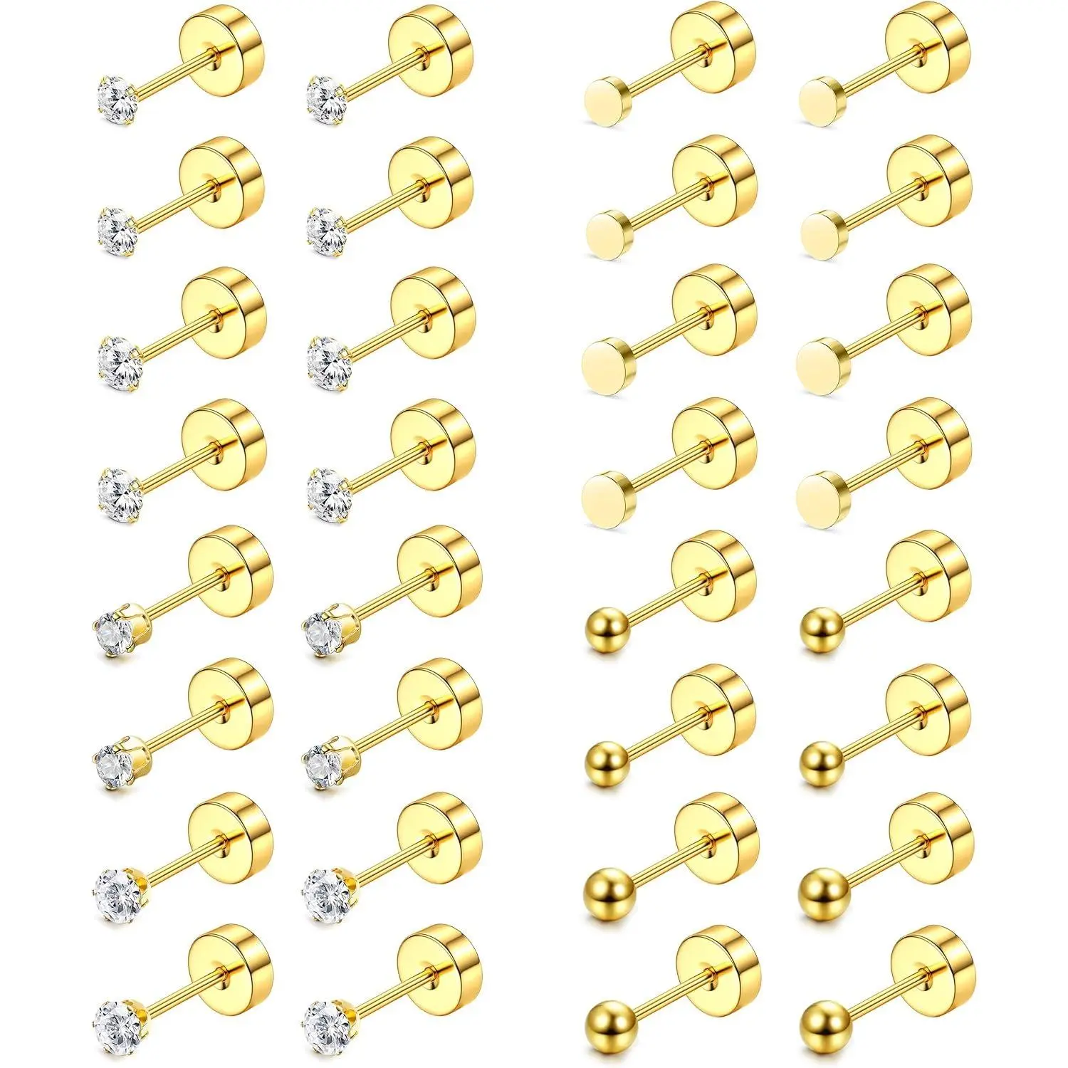 YADOCA 16 Pairs Flat Back Earrings Tiny Stud Earrings for Women Men Surgical Steel Hypoallergenic Earrings Small CZ Ball Screw Back Earrings 20G Helix Cartilage Earrings Sleeper Earrings Set 2/3mm