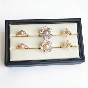 R12-Spring Special Adjustable Size Natural Pearl Rings Big Flower Ring with Pearls in Peach Purple Small Flower Ring with Pearls in Light Champagne Purple Cross Ring with White Pearls Perfect Gift for Family