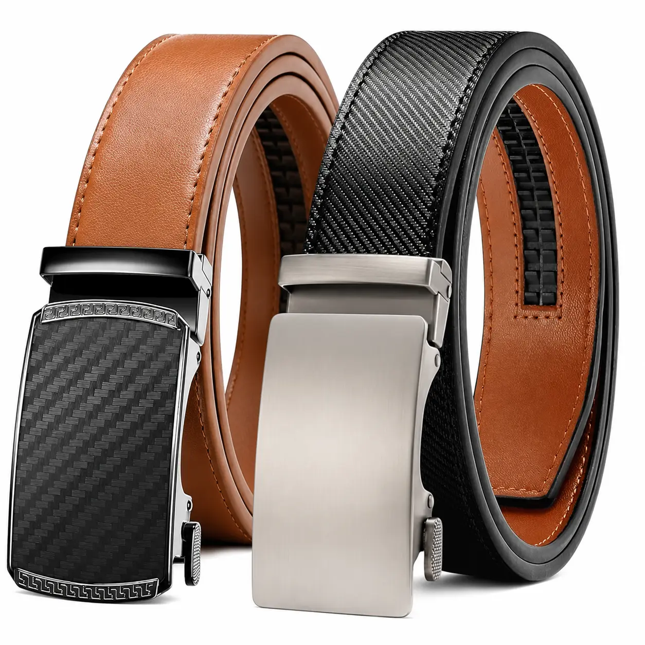 2 Pack Men's Ratchet Belts Automatic Buckle Adjustable Dress Casual Waist Belts Black Brown