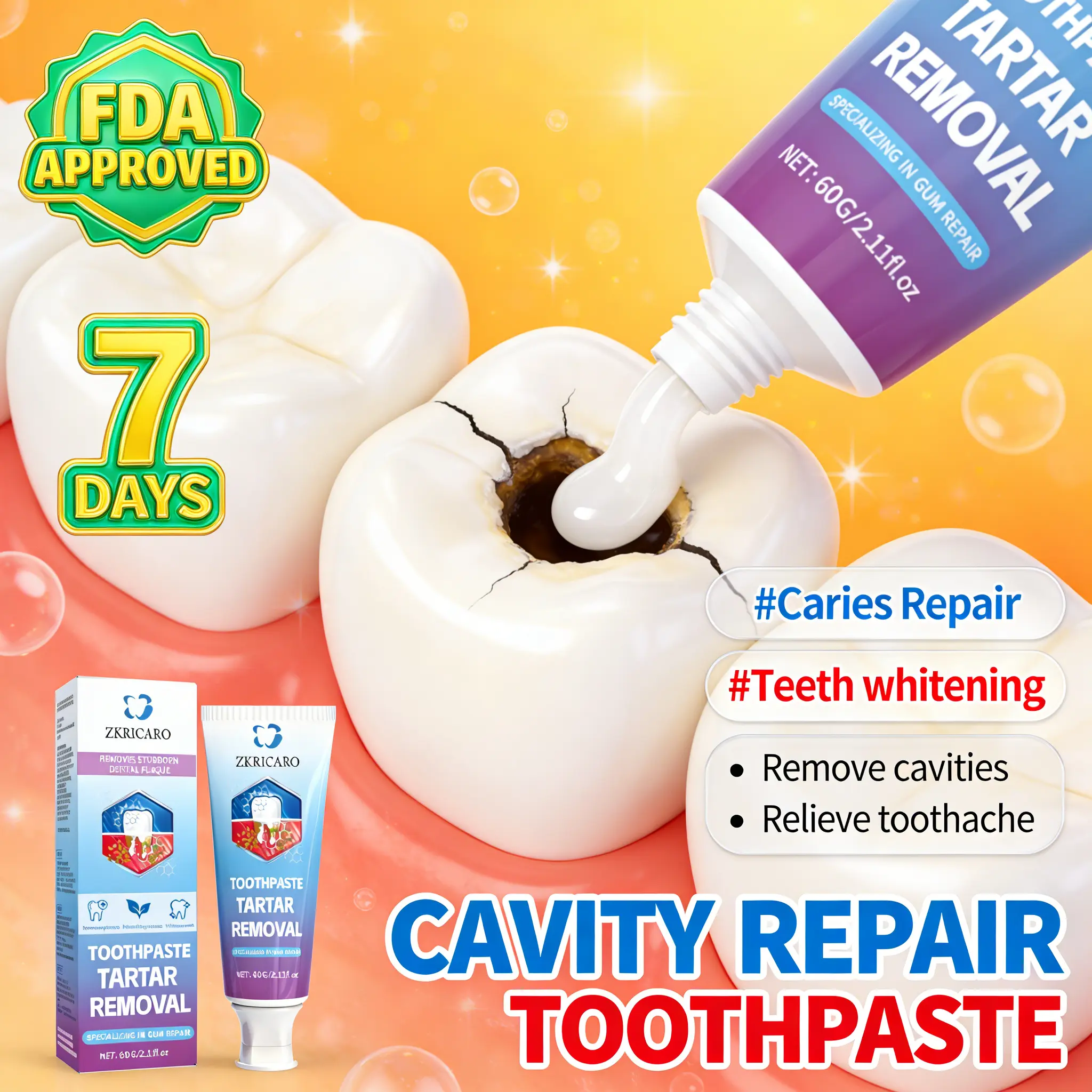 ZKRICARO FDA Approved Anti-Cavity Repair Toothpaste - Peppermint, Chamomile, Tea Tree Infused - Gentle for Sensitive Teeth, Tartar Remover, Enamel Strengthener, Toothache Reliever, Gum Health Support