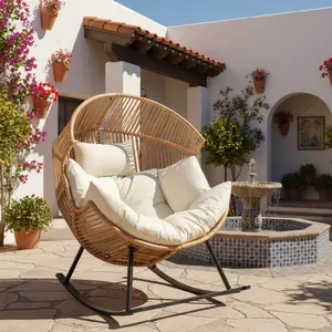 Walsunny Rocking Chair, Outdoor Indoor Wicker Patio Chair, 450Lbs Load Capacity Oversized Egg Lounger Chair with Cushion Basket for Bedroom, Balcony, Backyard, Beige