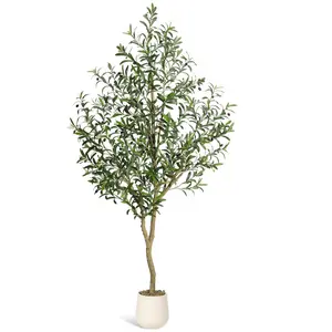 7FT Decorative Plastic Artificial Olive Tree (1-Piece) - UV-Resistant, Realistic-Look Artificial Tree with White Pot, Olives, Moss Decors, Tall Evergreen Indoor Plants for Front Door, Living Room