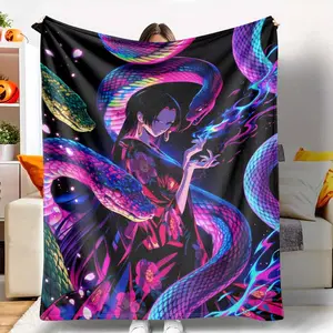 Neon Serpent Sorceress Flannel Blanket Vibrant Snake and Magic Flame Art Print Ultra Soft Warm Lightweight Throw Perfect for Bedroom Decor Living Room Couch Halloween Party Gift for Friends and Home Aesthetic