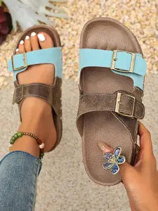 Women's Colorblock Rivet Double Buckle Slippers, Vintage Workwear Style, Casual PU Rubber Sole, Plain Pattern, All-Season Wear, Boho Style Slippers