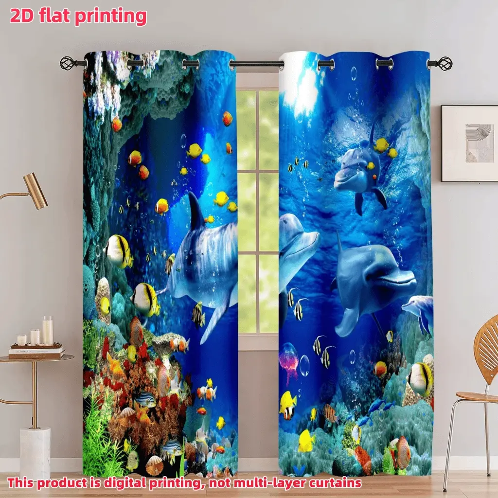 2D Flat 2Pcs Ocean Underwater World Print Curtains, Dolphin & Coral Reef Theme, Semi Sunshade Window Drapes, for Living Room Bedroom Bathroom Office Home Decor, Accessory, Anti Privacy.