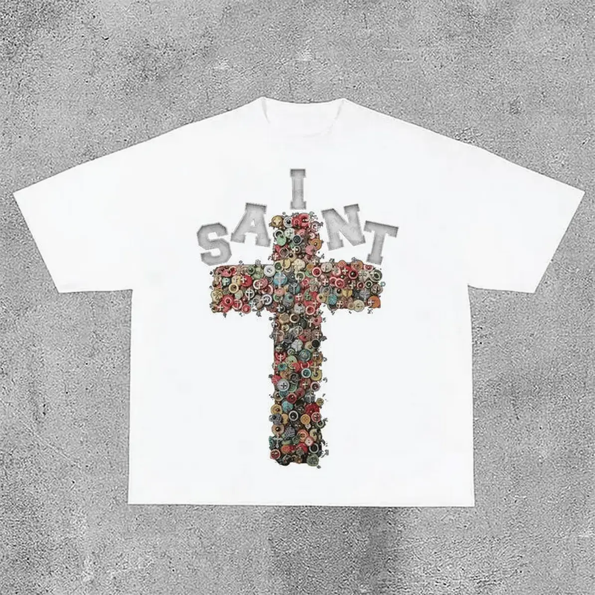 I Saint Button Mosaic Cross Graphic T-Shirt Vintage Button Collage Print Tee Oversized Crew Neck Shirt Streetwear Cas Cool & Casual Cotton Shirt