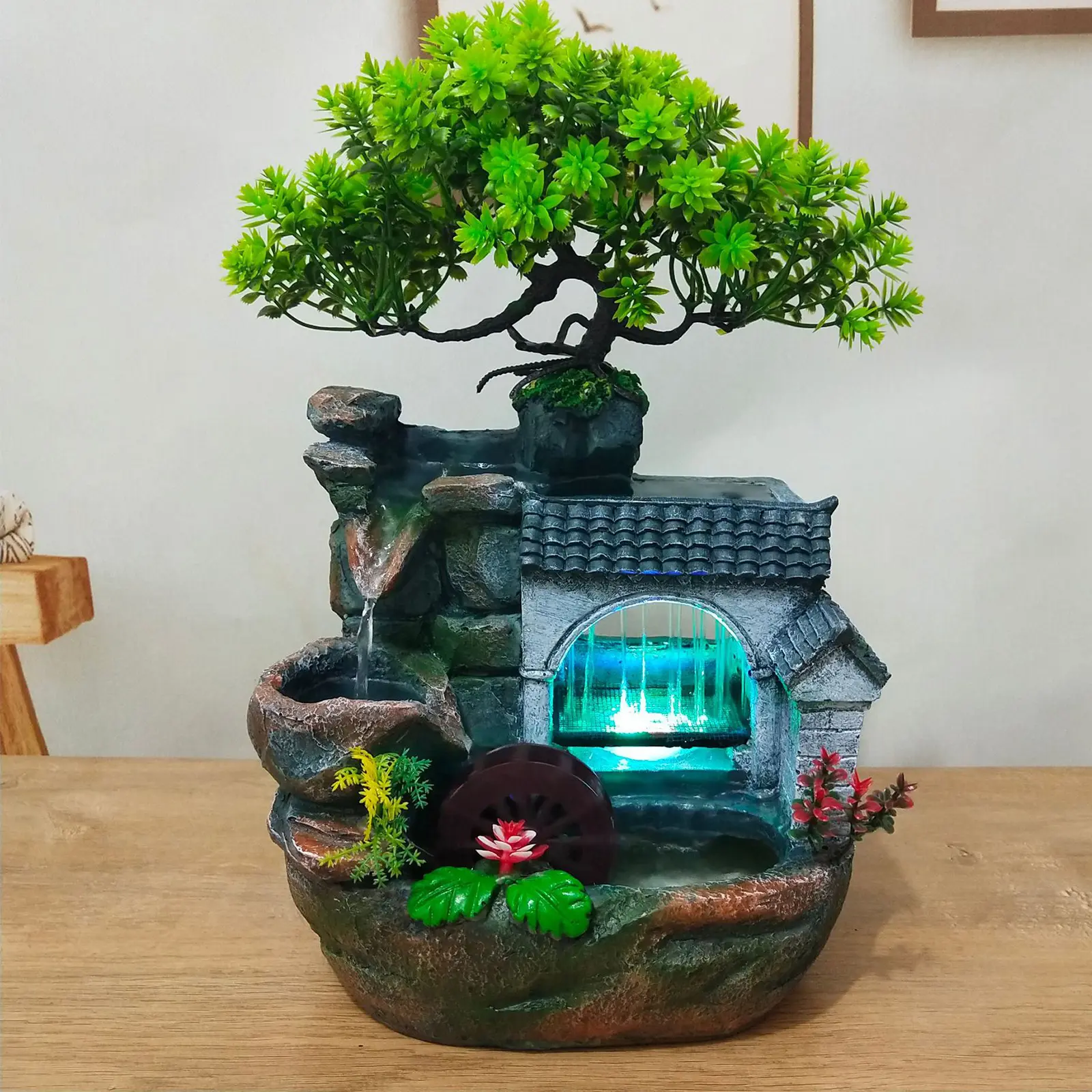 CNCEST Desktop Mini LED Waterfall Fountain - Resin Figure, Rock Plant Accent, Modern Statues, Stress Relief Meditation Ornament, Gifts for Women, US Standard Office Home Decor