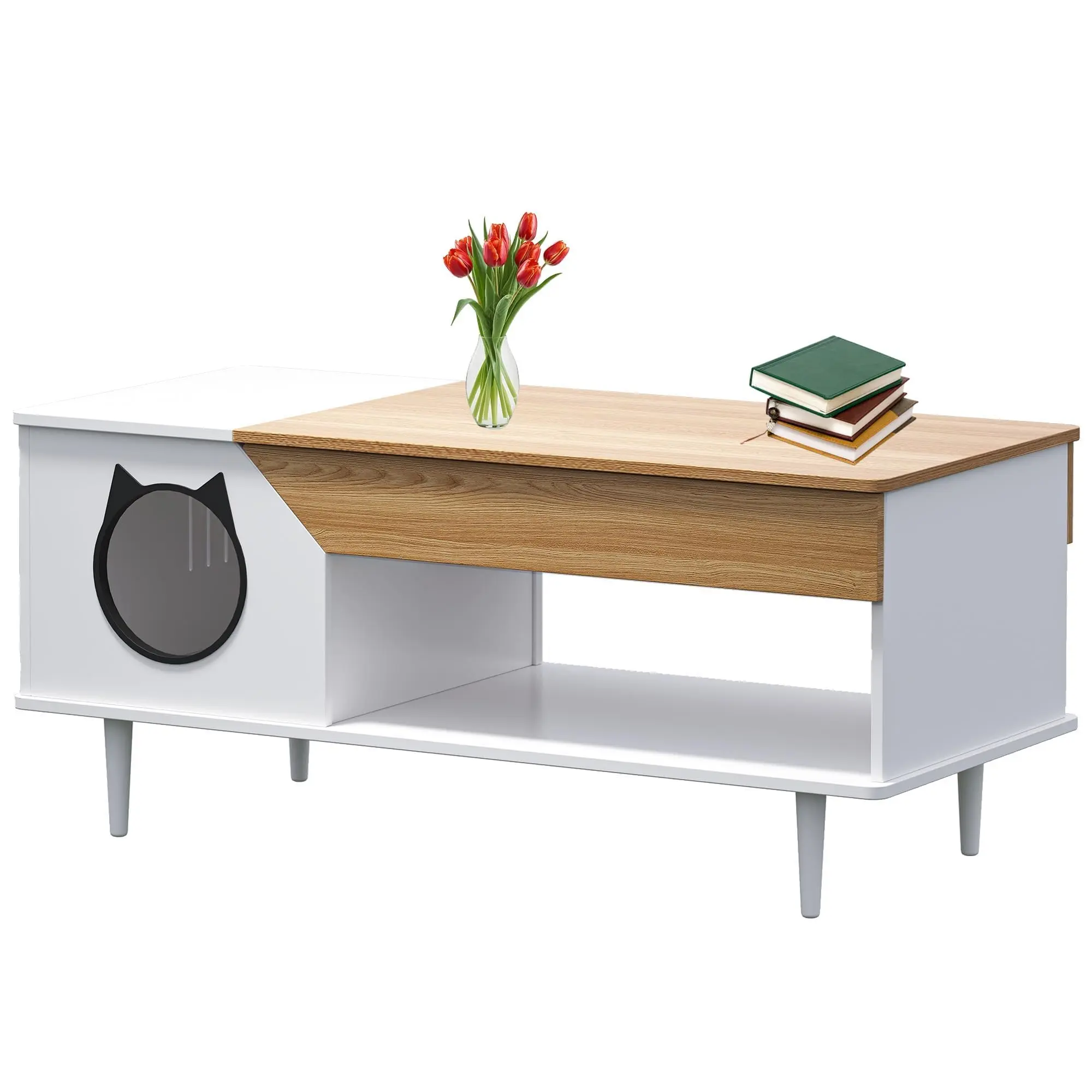 Garvee 45'' Wooden Rustic Coffee Table with Storage Drawer and Hidden Multifunctional Cat House or Kitty Litter Box Furniture, Available in White and Black, Ideal for Living Rooms