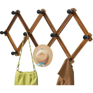 Eco-Friendly Adjustable Brown Wooden Accordion Wall Hooks, Retro Expandable Coat & Hat Rack for Home