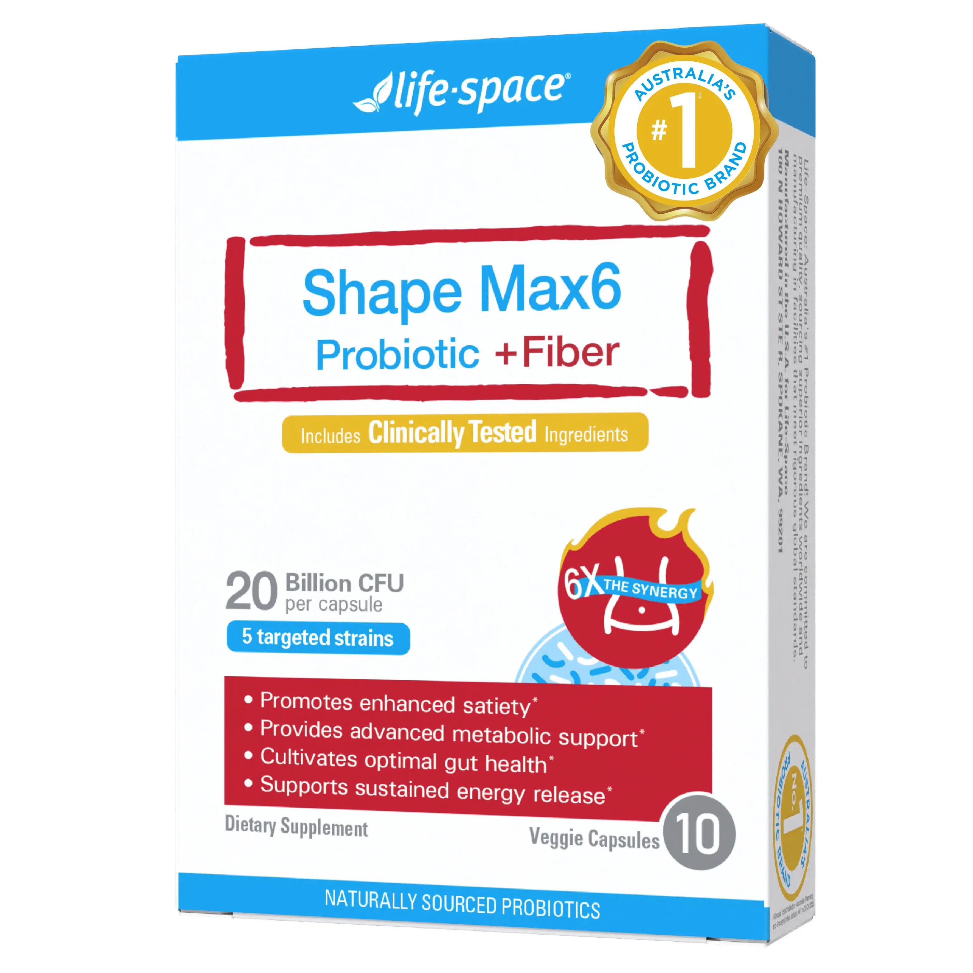 Life-Space Shape Max6 Probiotic + Fiber, 6X Synergy for Digestive Health, Supports Gut Function for Women and Men, 10ct