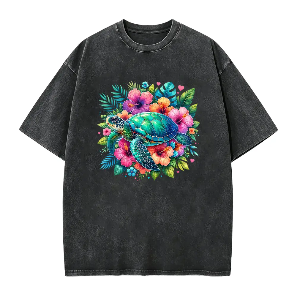 Sea Turtle Floral Shirt, Tropical Turtle Shirt, Hawaiian Flower Shirt, Beach Summer Ocean Coastal Vacation Shirt for Women