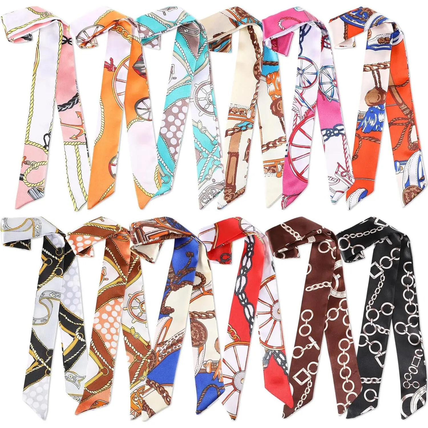 12 Pcs Satin Head Scarf Set for Women, Elegant & Luxurious Twilly Ribbon for Hair, Neck, Handbag Handles, Backpack, Work Ensemble