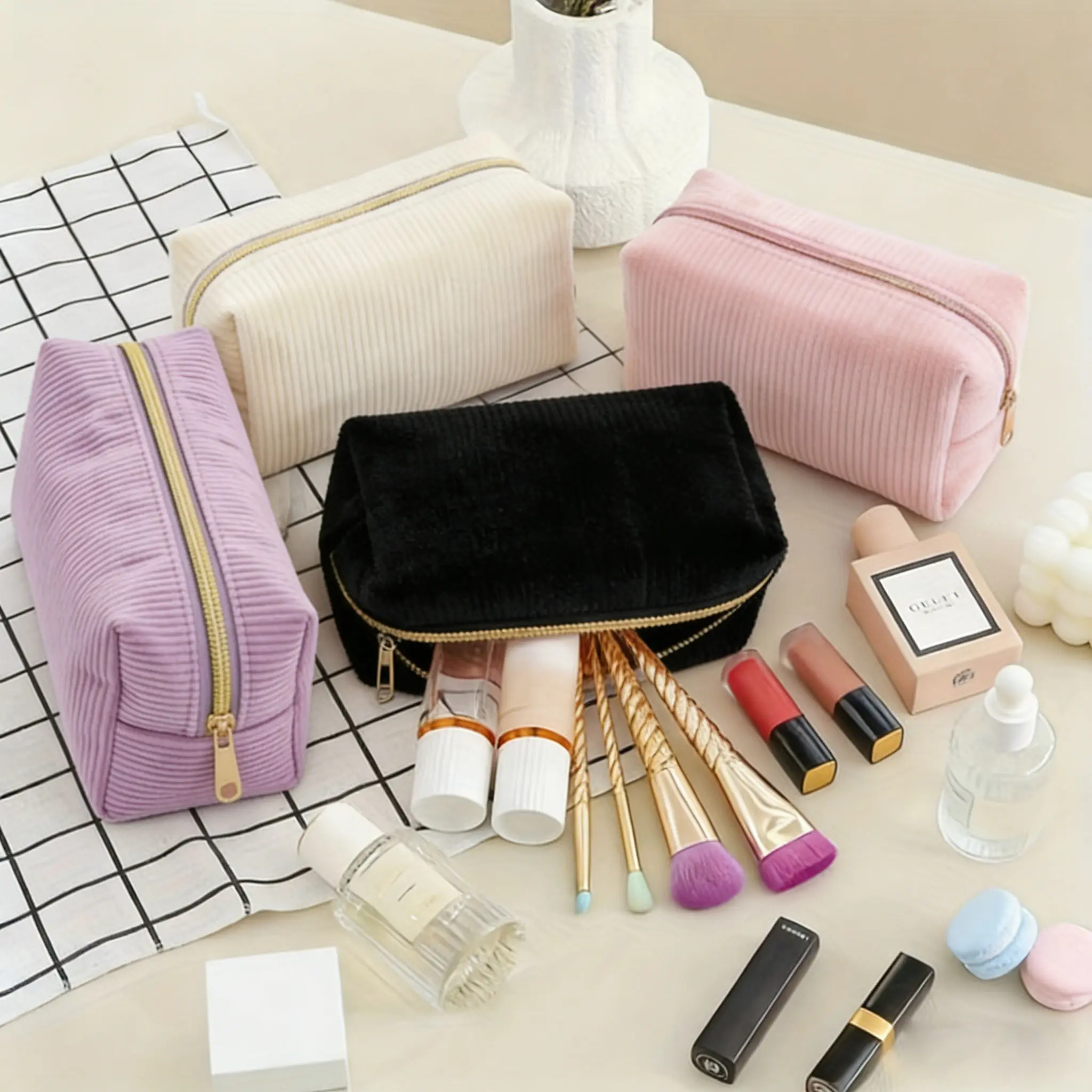 3pcs Portable Makeup Brush Bag,Zipper Storage Bag Organizer Pouch,Versatile Storage Stationery, Travel  Storage  Bag, Portable Cosmetic Storage Bag