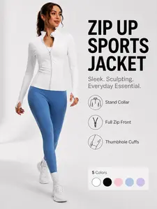 Women's Slimming Sport Jacket, Full Zip Athletic Coat with Thumb Hole Sleeves, Seamless Fitted Gym Top, All Seasons Outerwear, Sporty Jacket