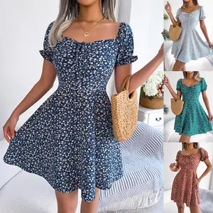 Women's Casual Boho A-Line Smocked Square Neck Short Sleeve Ruffle Flowy Mini Dress - Comfortable, Elegant Lady's Casual Wear for Summer Beach, Ideal with Bag for Boho Outfits