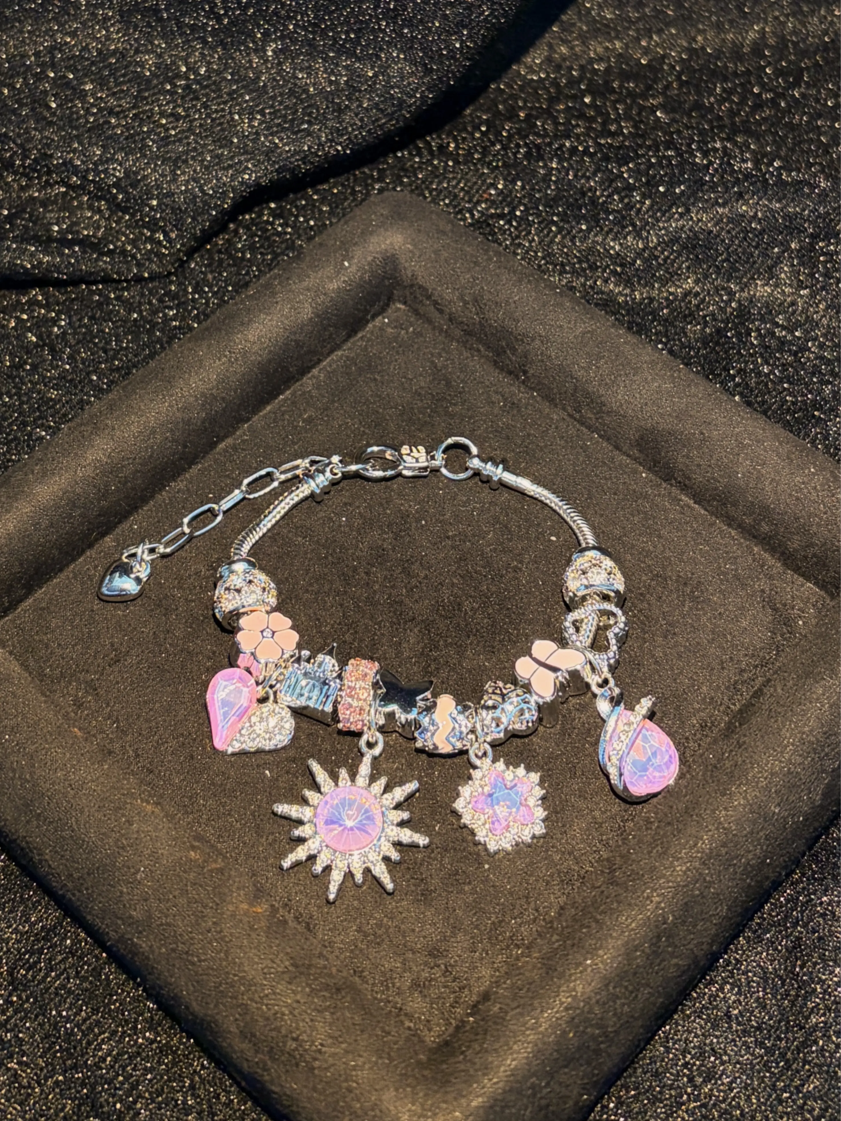 Pink Purple Crystal Sun Castle Charm Bracelet, Silver Plated Adjustable Snake Chain Bead Bracelet, Fashion Dangle Butterfly Flower Heart Beads Jewelry Gift for Women Girls