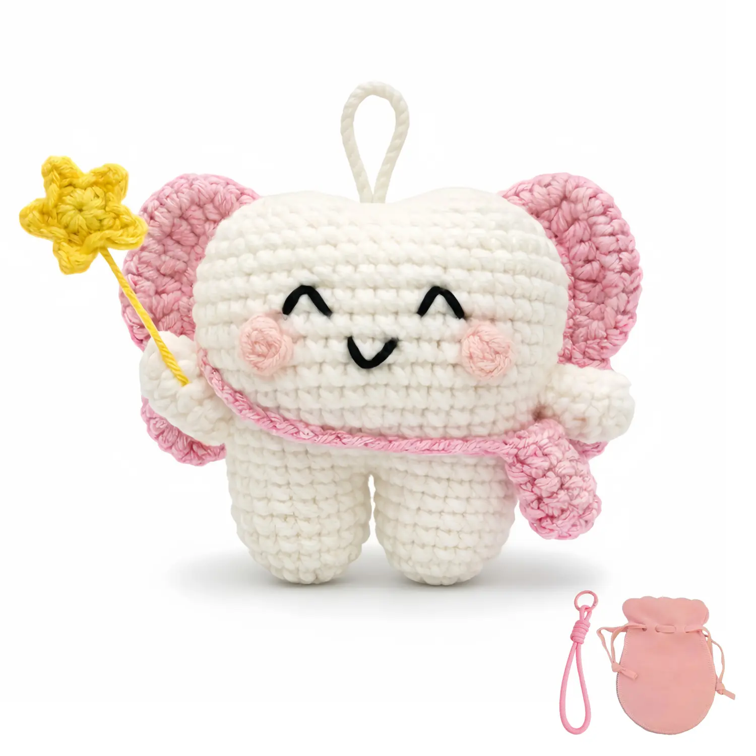 Tooth Fairy Crochet Plush with Detachable Tooth Pouch & Key Ring – Mini Tooth Holder Door Hanger for Lost Baby Teeth, Tooth Fairy Keepsake Gift