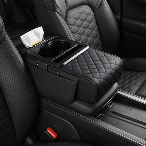 4-in-1 Leather Cover Car Armrest Storage Bag - Universal Auto Accessories Interior, Center Console Organizer with Cup & Phone Holders, Ideal for Long-Distance Driving