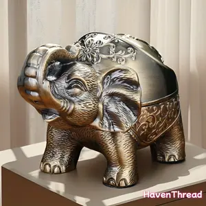 Vintage Metal Elephant Ashtray with Lid - Animal Decorative Ashtray, Artificial Resin Accent Figurine, Rustic Golden-Black Design, Intricate Floral Details, Indoor Room Decor, Office Use, Unique Male Gift, Animal Decorative Ashtrays