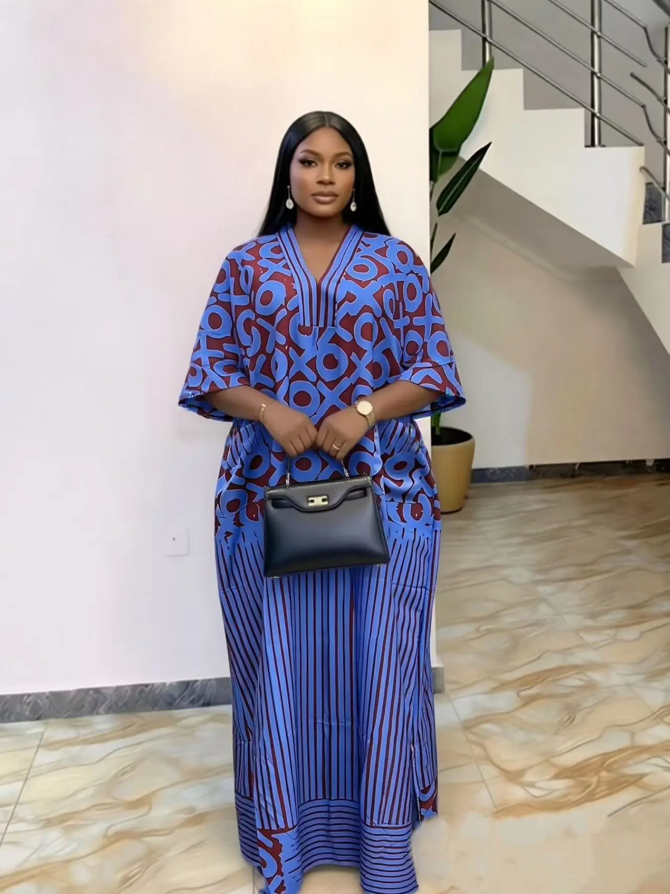 Women's Plus Size African Ethnic Print Kaftan Dress, V-Neck Loose Fit Pockets Dress with Scarf, Suitable for Daily Wear, Parties, Gatherings and Vacation