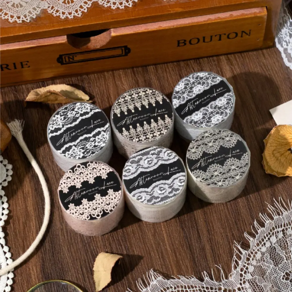 Self Adhesive Stickers Washi Tape - 6 Rolls 12m Polyethylene Terephthalate Waterproof Vintage Minimalist Lace Office Stationery Tape for DIY Journal, Scrapbooking Embellishment