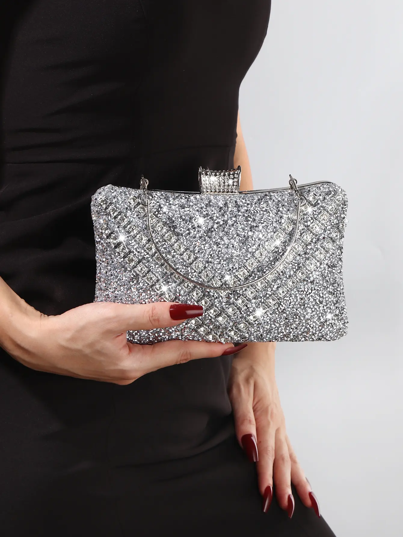 Silver Glitter Diamond Grid Evening Shoulder Clutch Bag for Women, Rectangle Hard Shell Dinner Handbag with Detachable Metal Top Handle, Sparkly Rhinestone Formal Purse, Convertible Crossbody Bag for Wedding Prom Cocktail Party