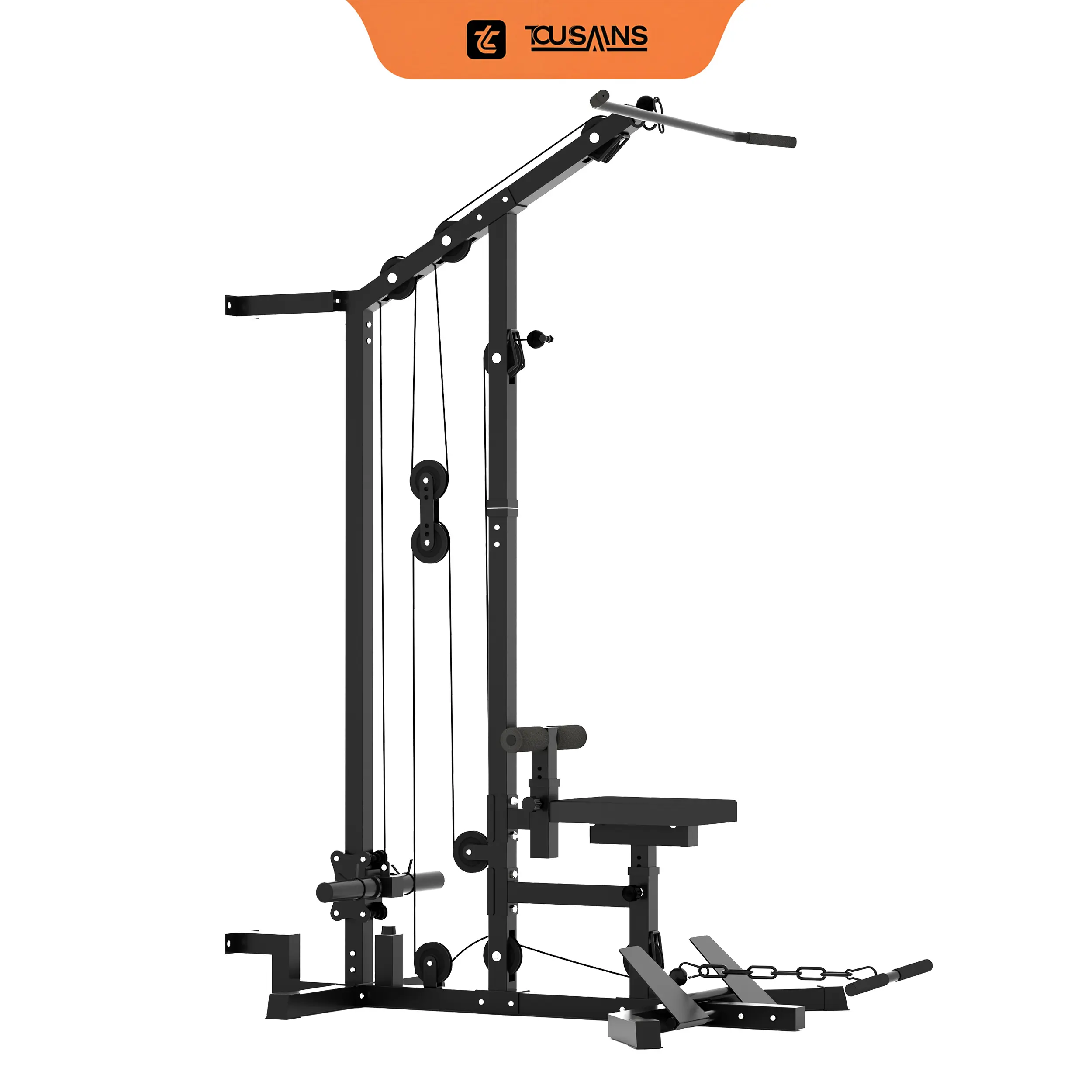 [SALE] LA76 TOUSAINS LAT Tower Pulldown Machine for Home Gym, High & Low Pulley System with Seated Row, Ab Crunch Harness, Flip-Up Footplate & Barbell Clamps
