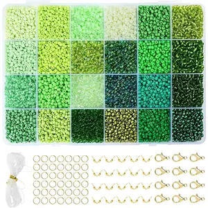 Vtssvow 3mm Glass Seed Beads for Bracelets Making, 24 Colors 10000pcs Friendship Bracelet Making Kit, Small Glass Beads for Jewelry Making (Mix 24 Color, Green)