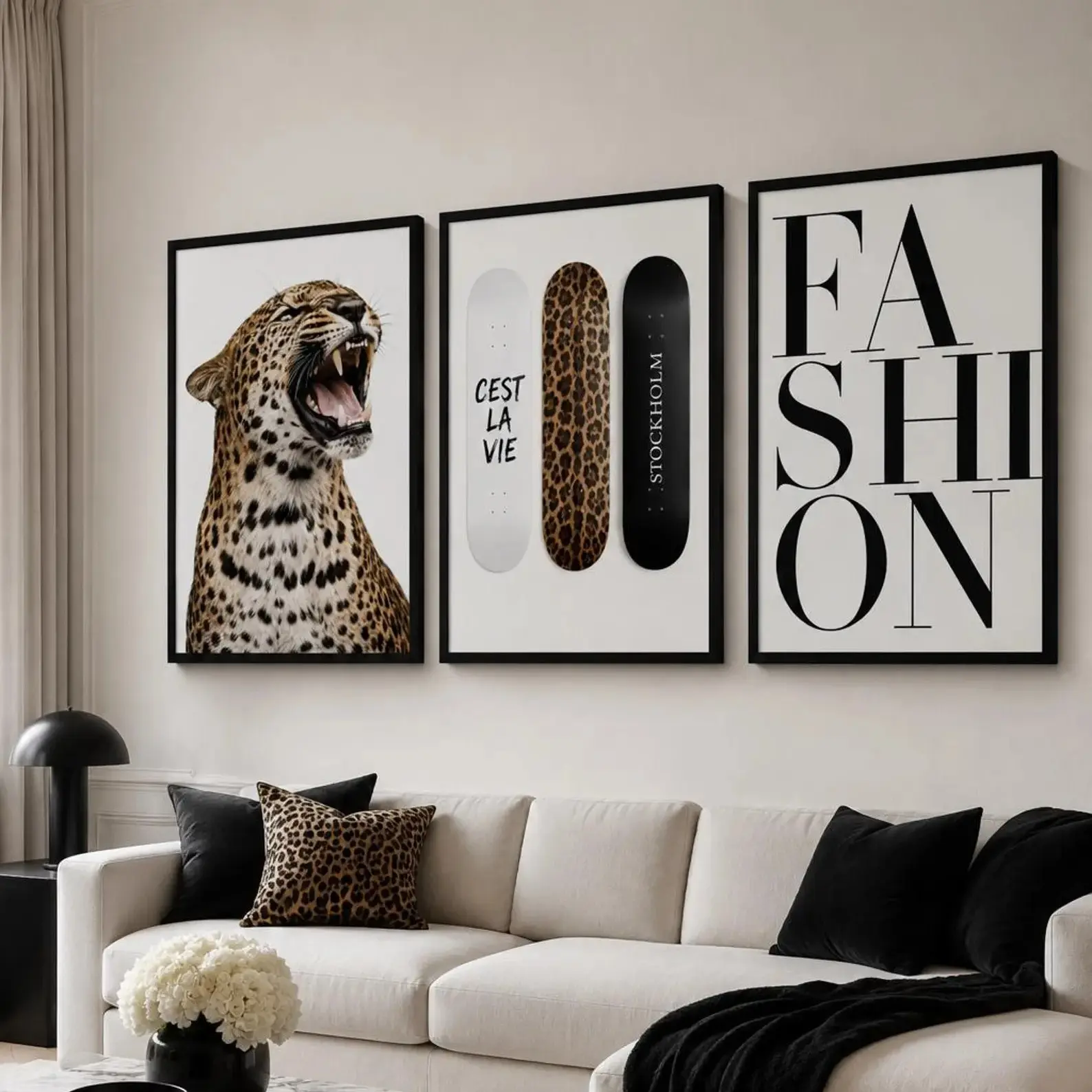 Leopard Fashion Wall Art Set of 3, Framed Canvas Prints, Skateboard Typography Posters, Ready to Hang Chic Apartment Decor