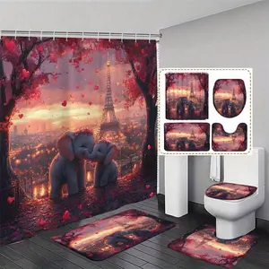 Elephant Pattern Bathroom Decorations, 4 Counts/set Including Shower Curtain & Toilet Lid Cover & Mat & U-shaped Mat, Bathroom Accessories