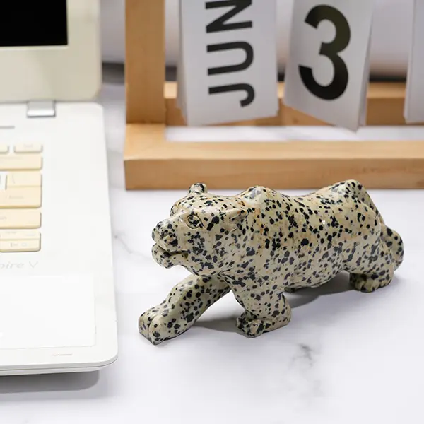 Semi-finished Non-natural Crystal Dalmatian Jasper Carved Leopard Figure, 4.53*2.36 Inch Jewelry Accessory, Carved Figure