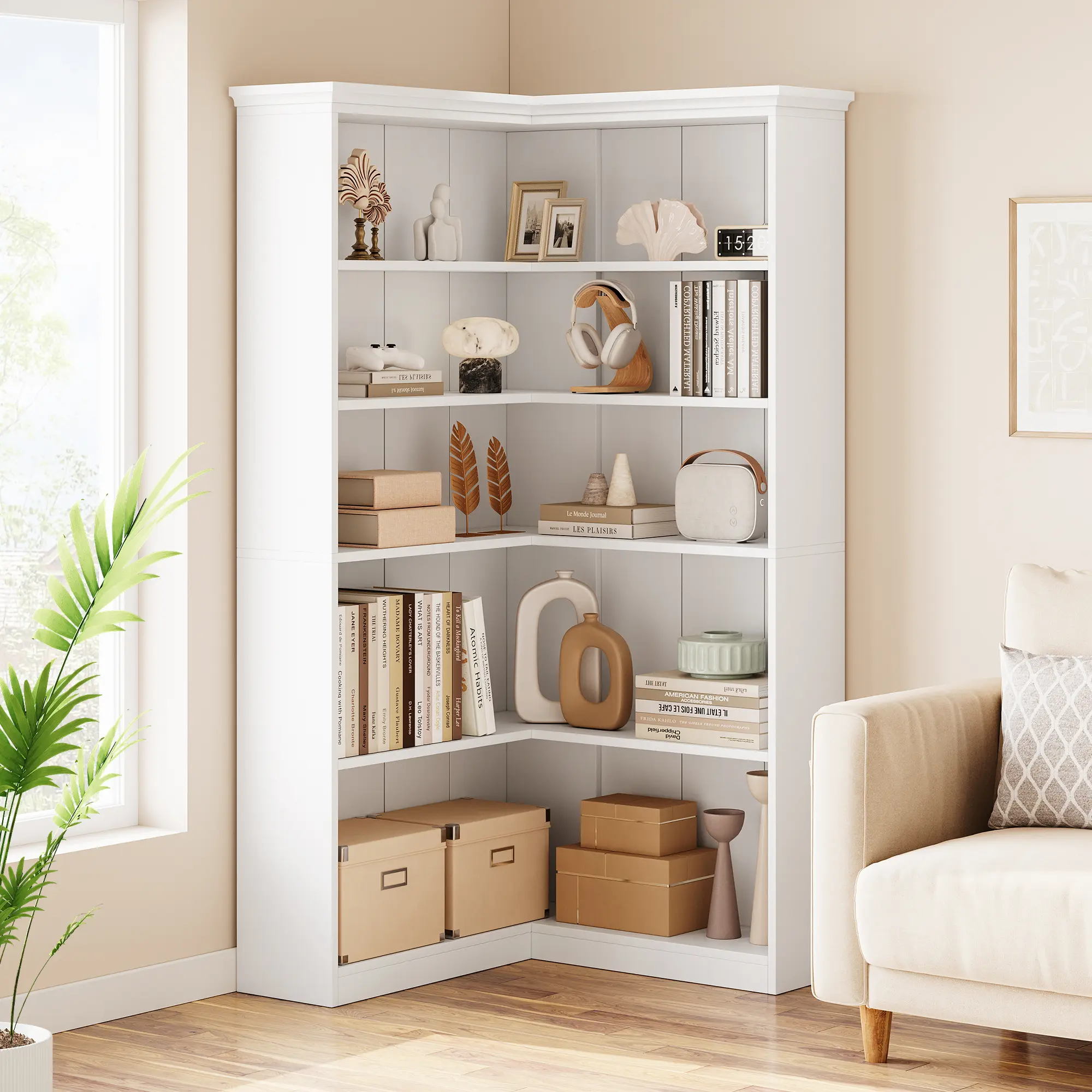 Gaomon Floor Standing Wooden Bookshelf, 72in Tall 5-Tier L-Shaped Sturdy MDF Corner Bookshelf, Anti-Tip Safety Design, Home Office Indoor Storage Solution (White, Assembly Required), Floor Standing Bookshelf